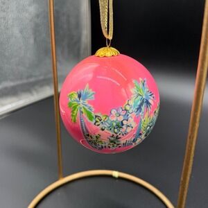 Lilly Pulitzer Pink Tropical Palm Tree Christmas Ball Ornament Gold Ribbon 3in